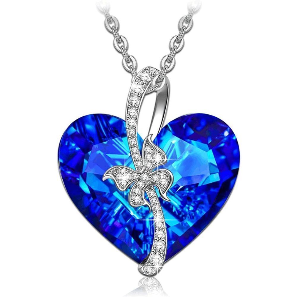 QIANSE Swarovski Crystal Sterling Silver Blue Heart Pendant Necklace for Women